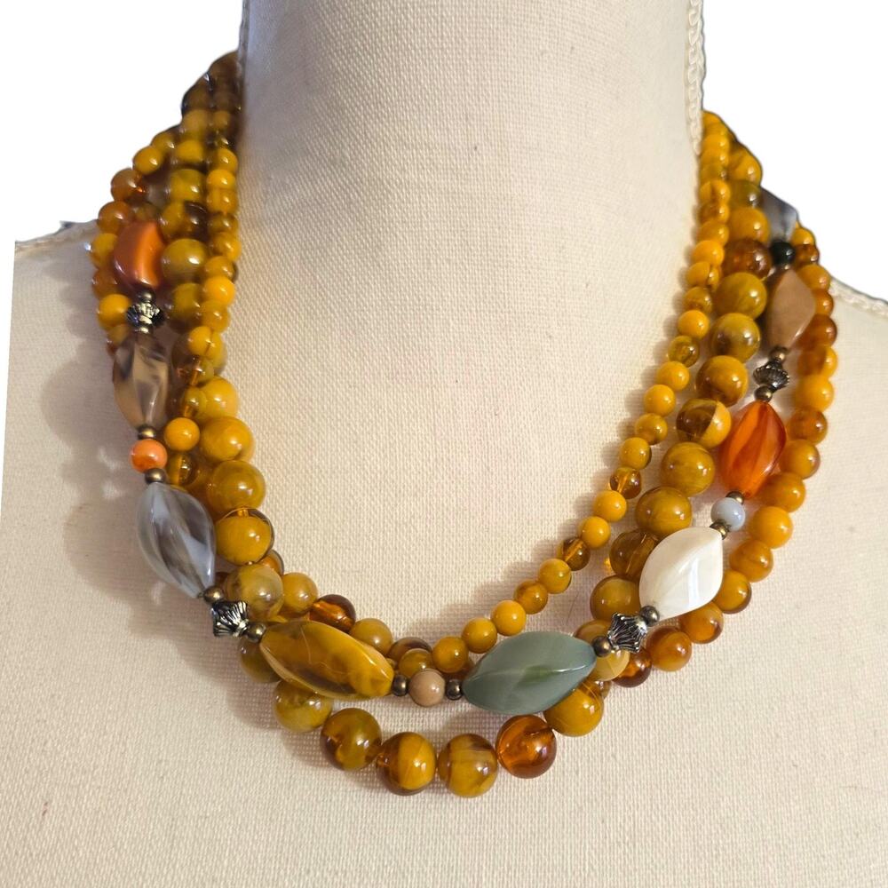 Vintage Necklace Lucite Beaded Multi beaded Retro Style Mustard Yellow 18" S2321